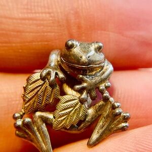 Sterling Silver Frog necklace pendant with 12k Gold Leaf Accents rgc signed